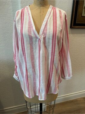 Dash Striped V-Neck Cotton Blouse - White & Pink striped
